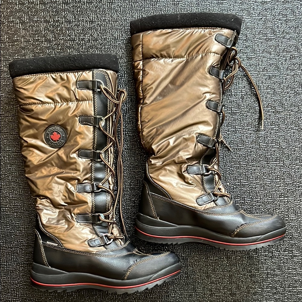 Women's knee high winter snow boot, Black and brown 100% nylon waterproof.